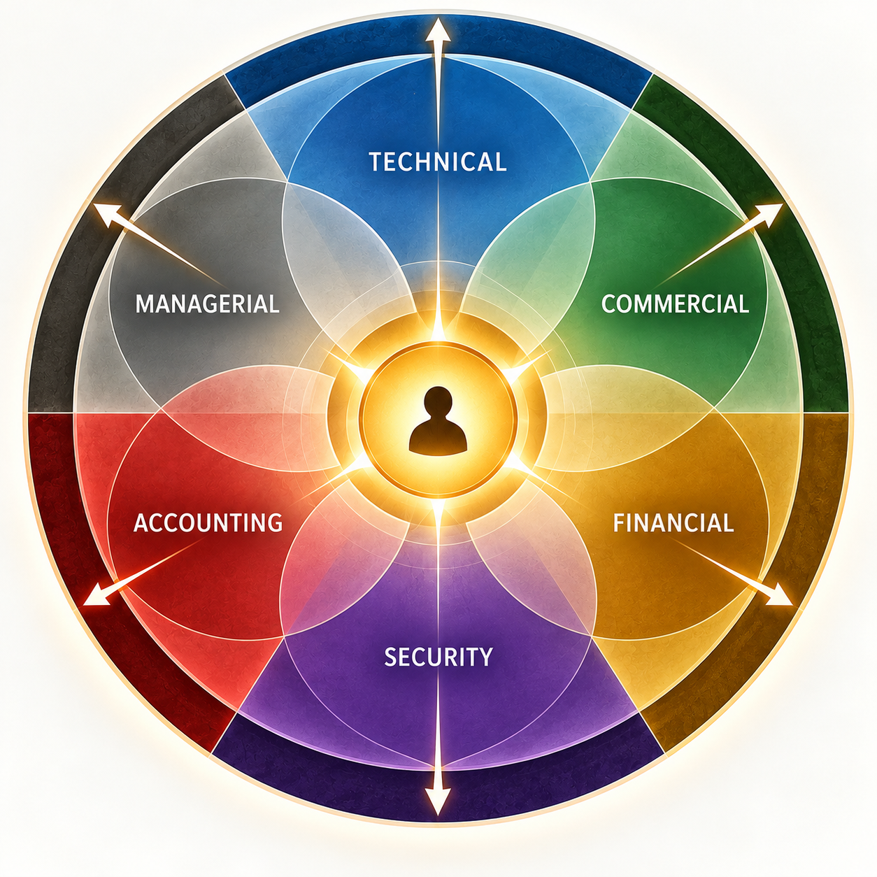 Rueda de seis funciones empresariales alrededor del líder: técnica, comercial, financiera, seguridad, contabilidad y gestión.